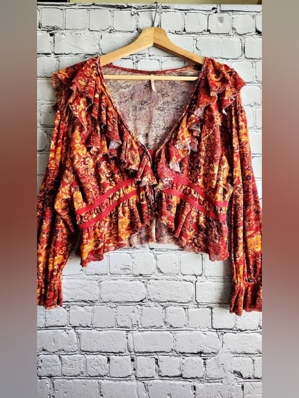 Free People Long Sleeve Blouse in Red & Orange Size Large EUC